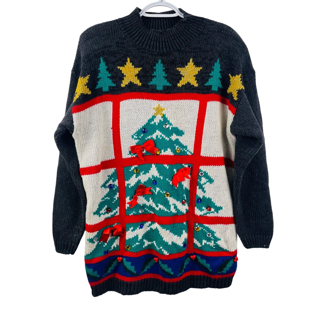 Vtg Spice of Life Knit Christmas‎ Sweater Tree Rhinestone Bows Mock Neck Small